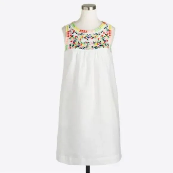 J. Crew Factory Colorful Embroidered White Linen Cotton Blend Sleeveless Dress - Picture 1 of 16